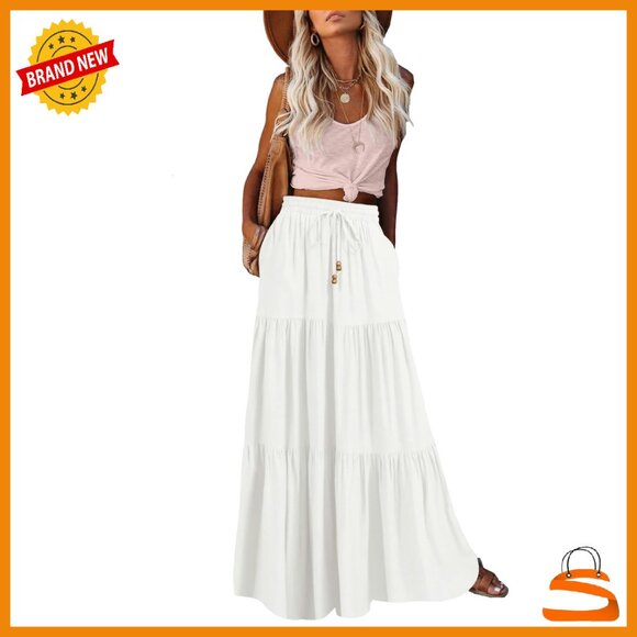 Dresses & Skirts - Rayon Maxi Skirt with Pockets, Elastic Waist, A-Line Boho Style